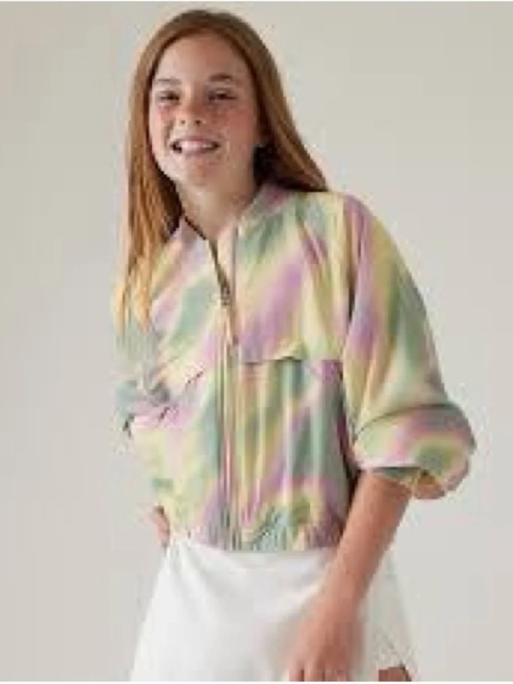Athleta Girls' Pastel Tie-Dye Jean Jacket in Pink, Yellow & Green